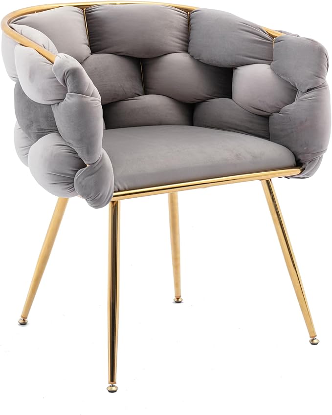 HomVent Makeup Desk Chair Vanity ChairLuxury Knitting Home Office Chair with Arms and Golden Metal Leg for Bedroom Living Room Vanity Dining Room Gray-4