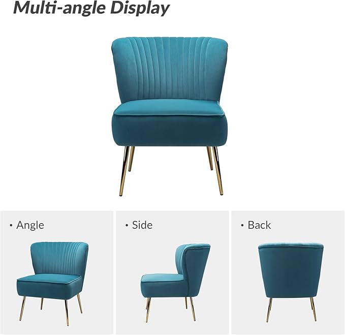 HULALA Home Velvet Accent Chair Set of 2 Modern Armless Upholstered Side Chair with Glam Gold Metal Legs for Vanity Living Room Bedroom - Blue