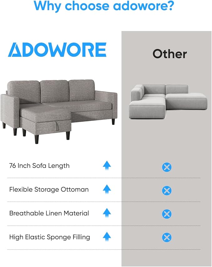 76 Inch L Shaped Sectional Sofa Modern 3 Seater Couch with Storage Ottoman Linen Convertible Sectional L Shape Couches for Living Room Apartment and Small Space