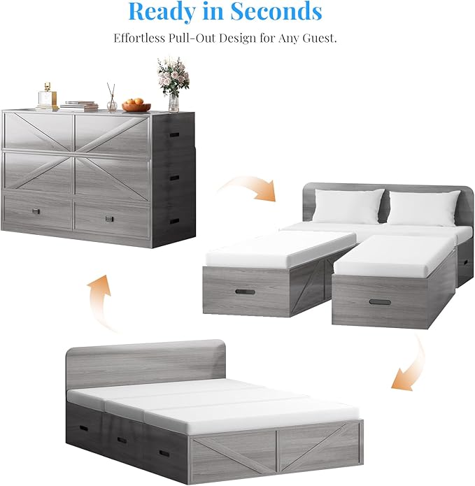 PUREMIND Murphy Bed Full with Mattress Included Wood Cabinet Bed with Dual Storage Drawers &amp 2 Pillows 3-in-1 Convertible Sofa Beds for Small Space Guest Room Home Office Gray