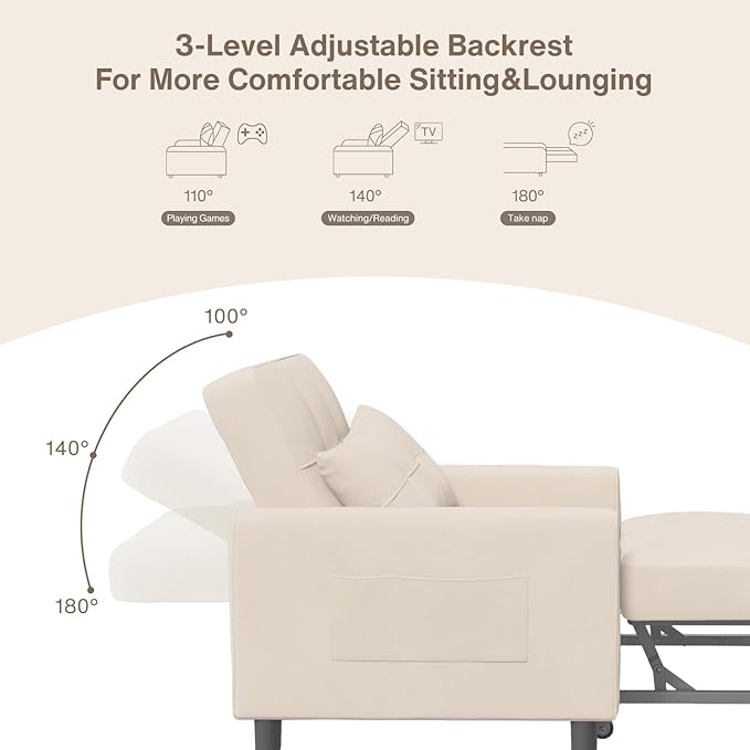 Aiho Convertible Sleeper Chair 3-in-1 Sofa Bed with Adjustable Design Pillow &amp Pocket - Pull Out Sleeper for Apartment(Beige)