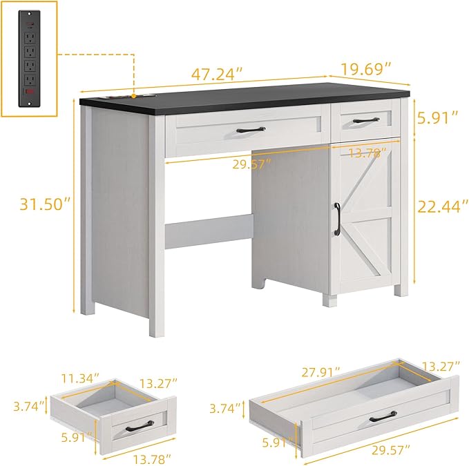 Farmhouse 47 Executive Desk Computer Desk with Drawers and Storage Cabinet Workstation Computer Desk for Home Office and Study(Black