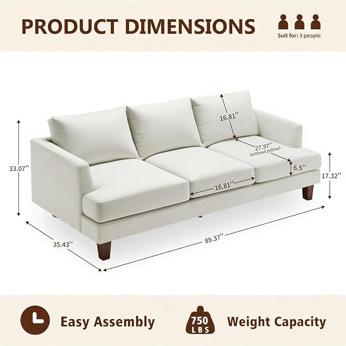 Mid Century Modern Couches for Living Room 89 Comfy Couch Sofa with 3-Seater Deep Seats Upholstered Sofas for Living Room Office Apartment Bedroom Beige