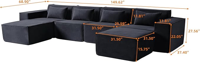 Modular Sectional Sofa Couch150 U-Shaped Cloud Couch Minimalist 6 Seater Sofa Convertible Couches for Living RoomBlack