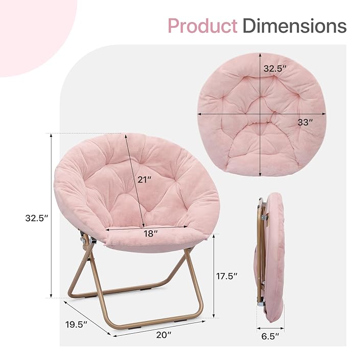 Round Saucer Chair for Teens and Adults Faux Fur Folding Living Room Cozy Moon Chair (Light Pink)