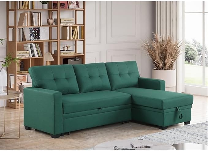 Devion Furniture L-Shaped Polyester Fabric Reversible Easy Convertible Pull-Out Sleeper Sectional Sofa/Storage Chaise with Tufted Back Cushions and Track Arms in Green