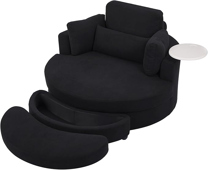 Yoglad Oversized Round Swivel Accent Chair - 360 Degree Chairs with Ottoman Armrest Tray Ideal for Living Room Bedroom(Corduroy Black)