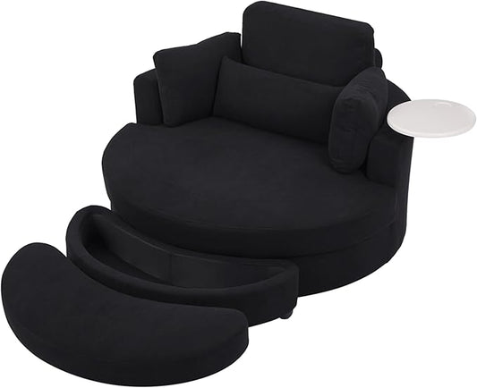 Yoglad Oversized Round Swivel Accent Chair - 360 Degree Chairs with Ottoman Armrest Tray Ideal for Living Room Bedroom(Corduroy Black)