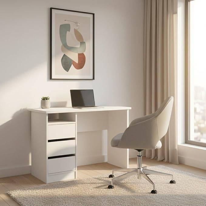 White Home Office Desk with 3 Drawers and Open Shelf Stylish Computer Desk and Study Table for Bedroom Office or Work from Home Workspace