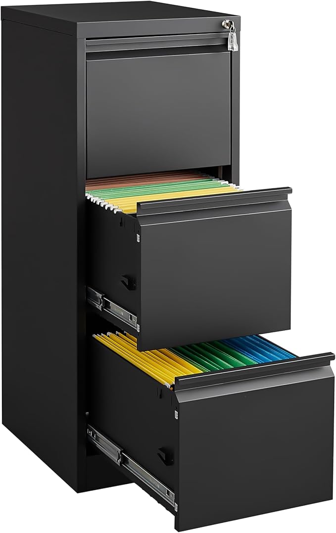 3 Drawer File Cabinet with Lock Metal Vertical Storage Cabinet for Home Office Narrow Steel File Organizer for Letter and Legal Size Documents (Black)