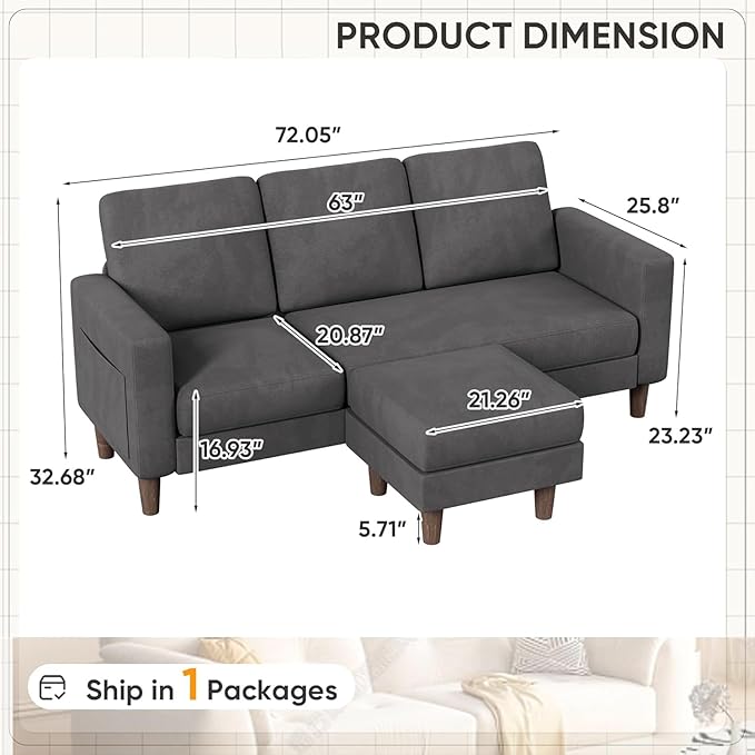 Homall Convertible Sectional Sofa 3 Seat L Shaped Couch with Side Storage Pocket Sofas with Movable Ottoman Small Linen Couches for Living Room &amp Apartment (Linen Fabric Dark Grey)