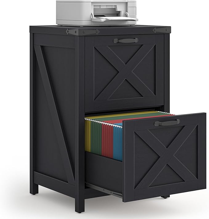 2 Drawer Small File Cabinet Farmhouse Vertical Filing Cabinet Fits Letter and A4 Size Under Desk Wooden File Cabinets for Home Office Printer Stand Black