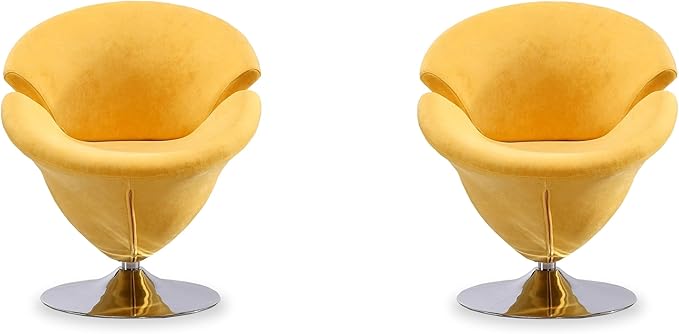 Manhattan Comfort Tulip Swivel Accent Chair Set of 2 with 360° Turn Modern Flower Inspired Design Soft Velvet Upholstery Polished Chrome Base No Assembly Required 300 Lbs Capacity Yellow