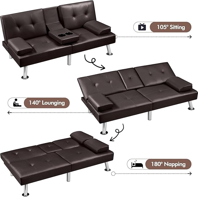 Convertible Futon Sofa Bed PU Leather Modern Couch Loveseat Sleeper Folding Daybed Guest Bed Removable Armrests 2 Cup Holders Metal Legs (Brown)
