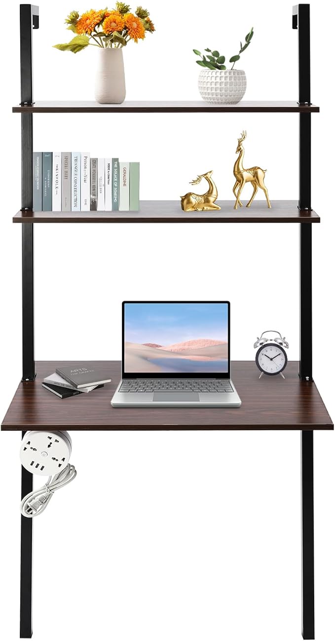 Wall Mounted Desk Computer Writing Table Industrial Wall Mount Ladder 3 Tier Computer Desk for Home Office Student Dormitories (Brown+Black)