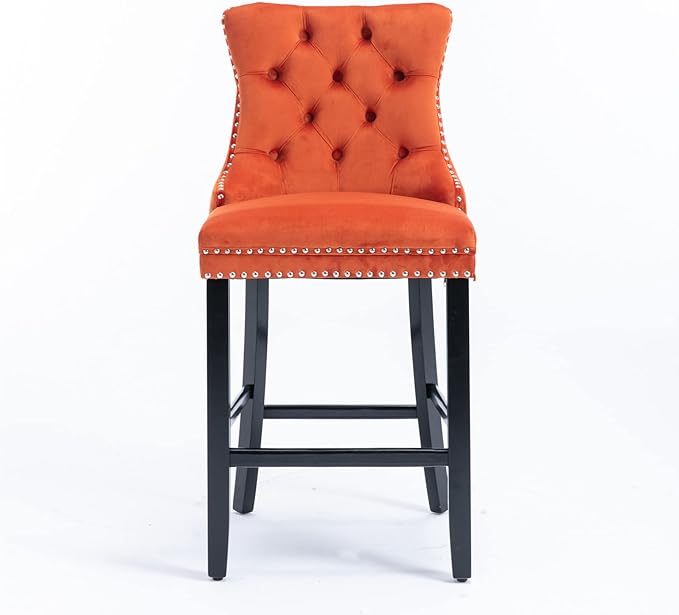Modern Upholstered BarstoolsVelvet Bar ChairsSet of 2Wooden LegsLeisure Style Bar ChairsHigh Backrest ChairKitchen Island Chairs for CafesLiving RoomKitchenBarOrange