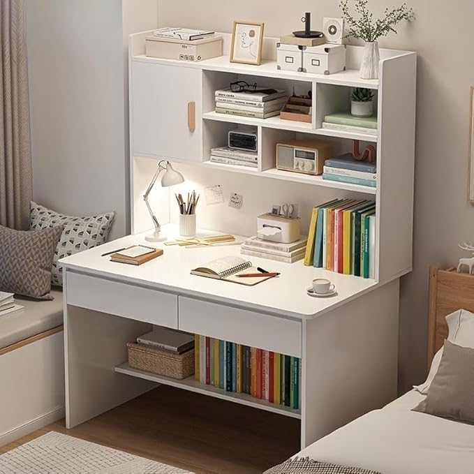 LITFAD Modern Computer Desk Work from Home Desk with Hutch Bookcase and Integrated Cable Management Rectangular Wood Office Desk 2 Drawers 31.5 L x 17.7 W x 59.8 H White