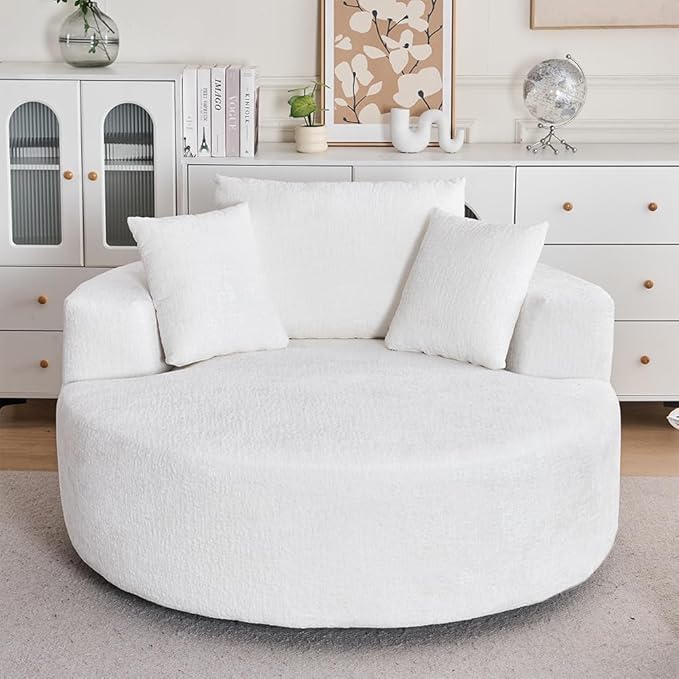 KEIKI Oversized 360 Degree Swivel Chair Large Barrel Chairs Upholstered Round Swivel Chair Chenille Single Sofa Armchair Sleeper Chair for Living Room Lounge Beige