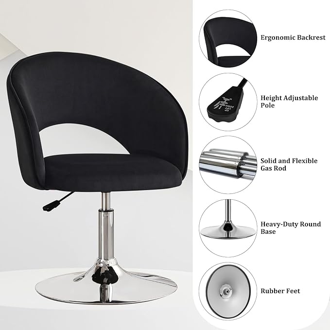 Furniliving Vanity Chair Salon Chair Flexible Round-Back 360° Accent Chair with Plated Frame Height Adjustable Swivel Chairs for Living Room Bedroom Lounge Pub Bar Velvet Black