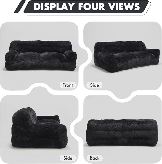 Black Compressed Couch 70 2-Seater Fluffy Faux Fur Boneless Loveseat Sofa with Memory Foam for Living Rooms Bedrooms Apartments No Assembly Required | Plush faux fur Memory foam comfort Zero as