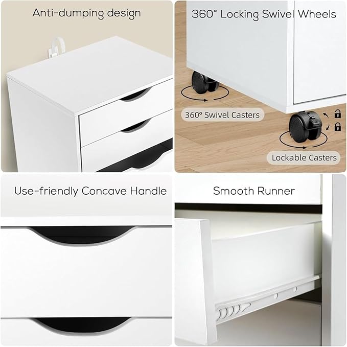 Mobile File Cabinets 5-Drawer Organizer with Bottom Cabinet Storage Tall Chest of Drawers with Caster Wheels for Home Office(White)