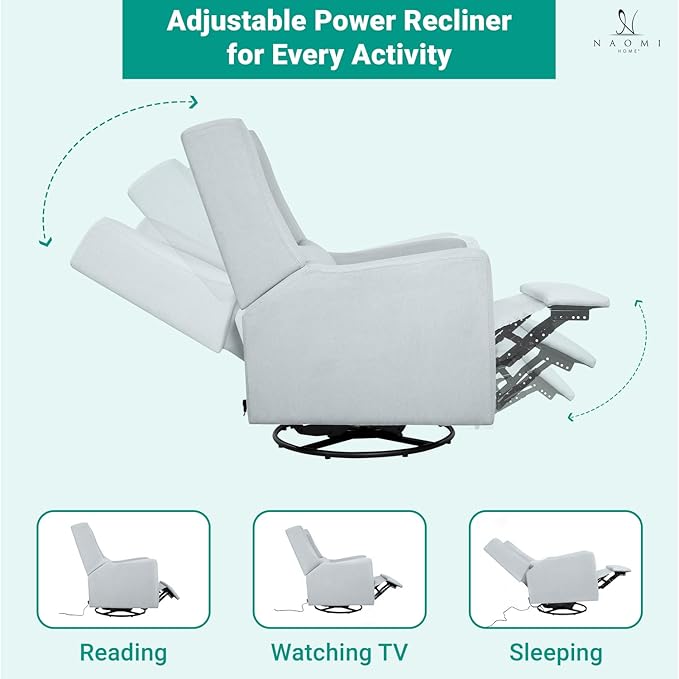Naomi Home Tanya Luxury Motion Recliner Chair Light Gray – Plush Upholstered Glider Rocker with USB Charging Swivel and Lumbar Support for Nursery Comfort 275 lbs Capacity