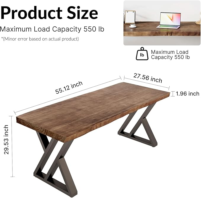 Solid Wood Desk 55 inches Home Office Computer Desk Wooden Rustic Writing Desk Metal Modern Simple Design Executive Real Wood Desk(Rustic Brown)