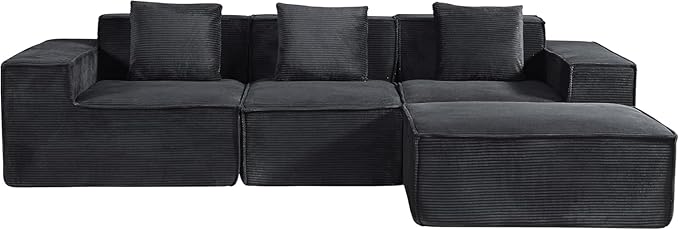 Harper Convertible Corduroy Sectional Couch with Ottoman &amp Pillows Modular L Shaped Sleeper Sofa Boneless Cloud Couch for Living Room Furniture Black