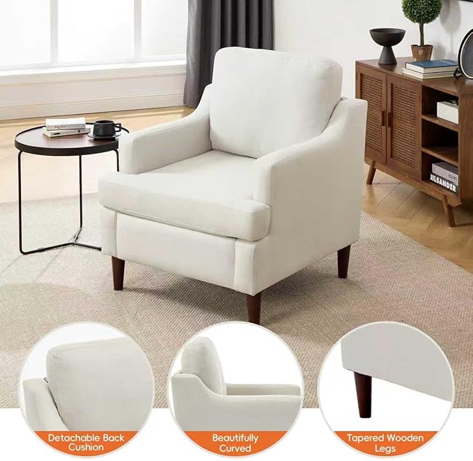 Mid-Century Accent Chair Modern Linen Fabric Armchair for Living RoomComfy Upholstered Reading Chairs for BedroomSingle Sofa Chair with Wood Legs (Linen Beige Set of 1)
