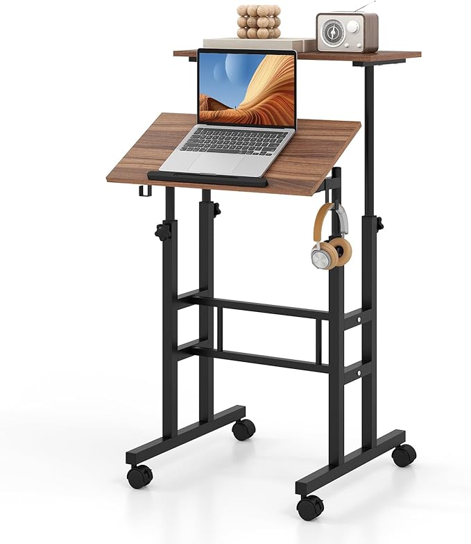Tangkula Mobile Standing Desk Height-Adjustable Laptop Podium Cart with Tilting Tabletop &amp Adjustable Angle Rolling Stand Up Computer Desk with 2 Hanging Hooks &amp Lockable Casters for Home Of