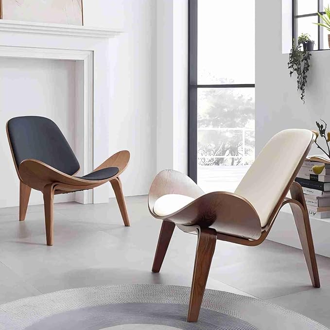 homary Leather Walnut Tripod Accent Chair High Back Lounge Chair with Soft Faux Leather Seat Sturdy Wood Frame for Living Room Bedroom (Black)