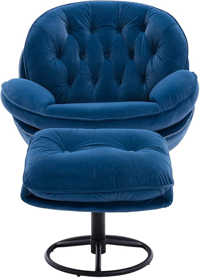 TRIPLE TREE Velvet Accent Chair with Ottoman 360 Degree Swivel Lounge Armchair with Metal Base Comfy TV Chair Recliner Chair for Living Room Bedroom Reading Room Office Blue