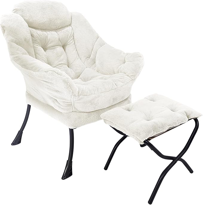 Kokel Lazy Chair with Folding OttomanLiving Room Chairs Accent Contemporary Lounge Chair Single Steel Frame Leisure Sofa Chair with Armrests and A Side Pocket (TM3WHITE)