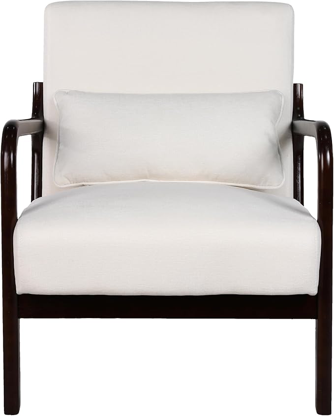 Mid Century Modern Accent ChairComfy Fabric Reading Chair with Retro Solid Wood Frame &amp High Back Upholstered Lounge Arm Side Chair for Living Room Bedroom Balcony (Beige)