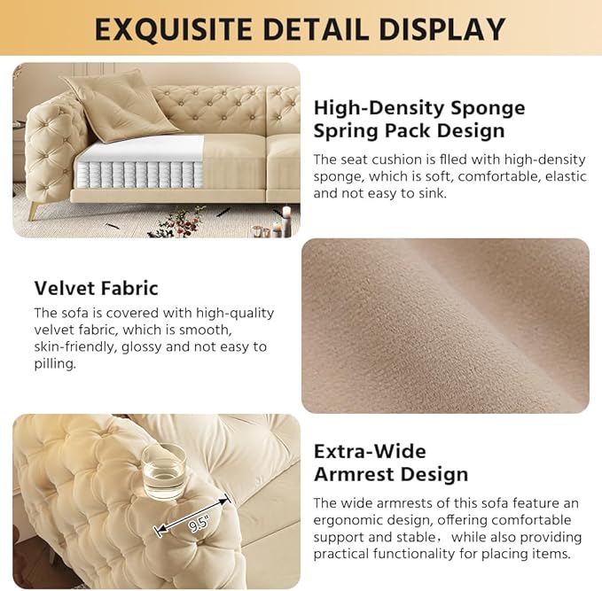 Ball &amp Cast 3-in-1 Convertible Sleeper Sofa with Movable Ottoman97.7 Velvet Pull Out Sofa Bed Modern Button Tufted 4-Seater Sofa Couch with Deep Seat for Living Room ApartmentOfficeApricot