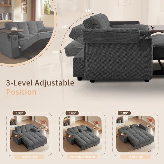 65'' Convertible Sleeper Sofa Bed with Adjustable Backrest Chaise Lounge Side Table &amp USB/Type-C Ports – Stylish &amp Functional Addition to Any Living Room (Dark Grey Sofa Bed)