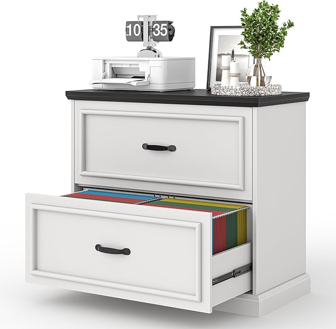 2 Drawer File Cabinet Farmhouse Lateral Filing Cabinet for Letter/A4/F4/Legal Size Hanging Files Large Wood File Storage Cabinets Printer Stand for Home Office White and Black