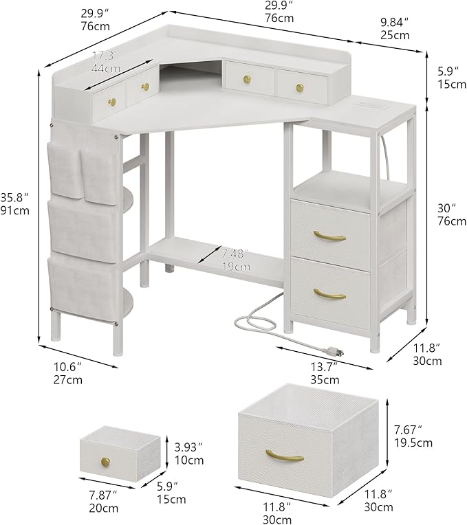Corner Desk with 6 Drawers Shelves for Small Space Computer Desk with Power OutletsGaming Desk with Printer Monitor Stand Storage for Home Office Workstation Writing Table (White 31.5)