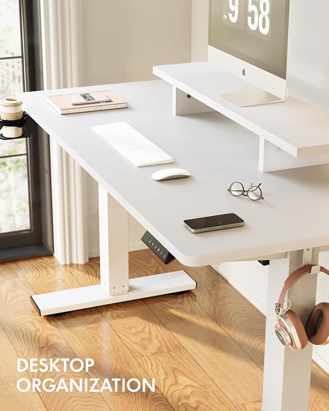 FLEXISPOT Standing Desk with Monitor Stand 55 x 24 Inches One-Piece Electric Height Adjustable Computer Desk with Cup Holder for Home Office White