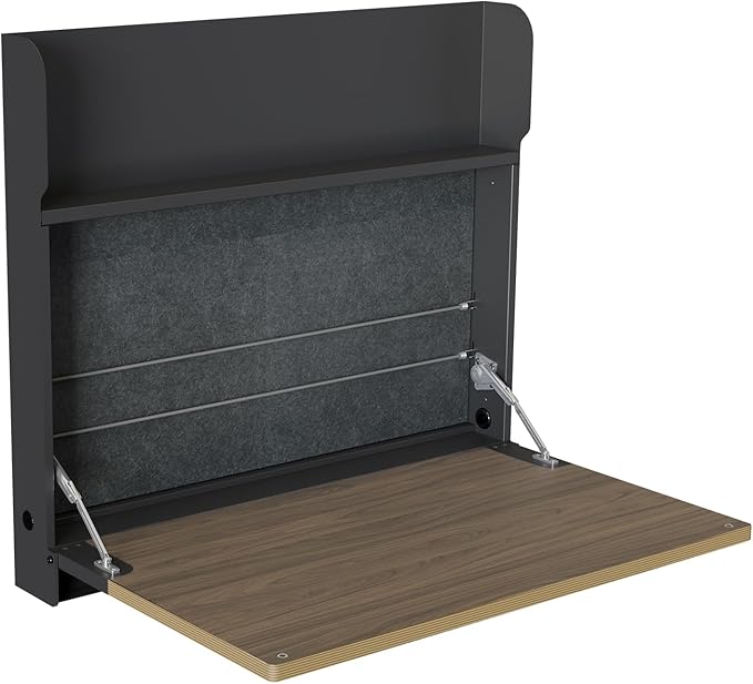 Vari Hide-Away Wall Mounted Floating Desk - 32” Foldable Murphy-Style Desk for Bedroom Dorm Apartment + Cable Ports Bungee Storage Shelf 100 Lb Capacity + Simple Assembly (Slate/Walnut)