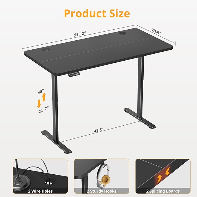Simple Deluxe Electric Standing Desk Adjustable Height Stand up Desks 24x55 Inches Sit Stand up Desk with Cable Management Ergonomic Rising Computer Table with Memory Preset Black