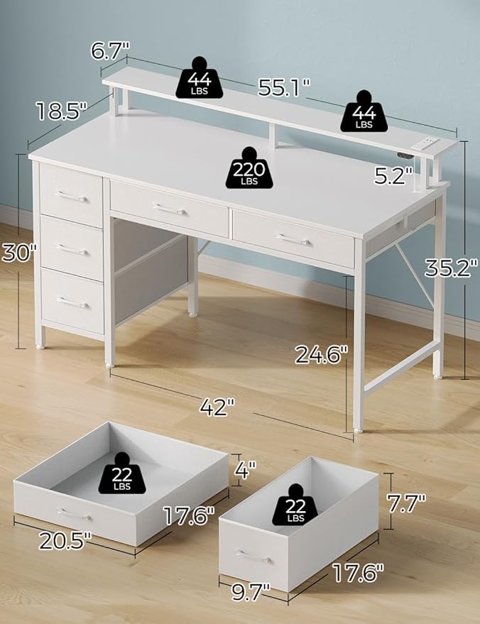 Seventable Computer Desk with Power Outlets &amp LED Light 55 inch Home Office Desk with 5 Drawers Writing Desk with Monitor Stand Work Desk for Home Office White