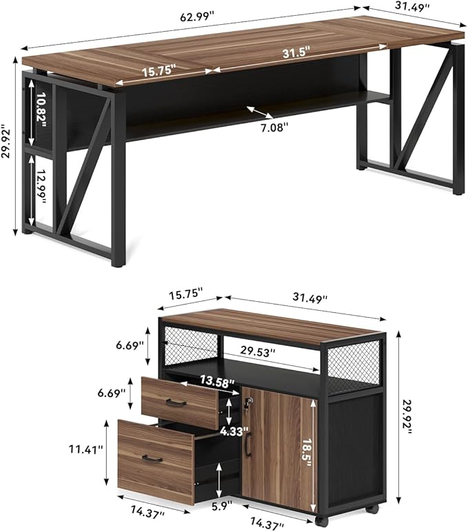 LITTLE TREE 63 L Shaped Executive Computer Desk and Drawer lateral File Cabinet Dark Brown