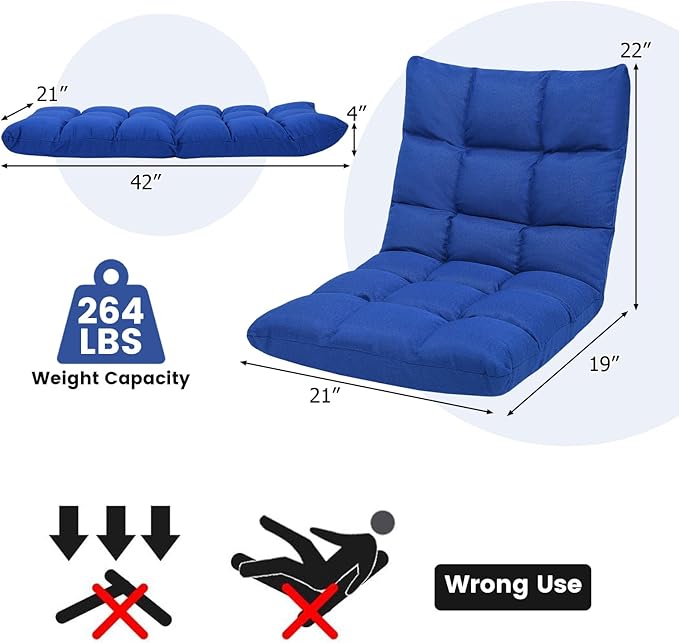 ERGOMASTER Floor Chair with Back Support Adjustable Folding Gaming Chair - 14-Position Cushioned Lazy Sofa for TV Reading Meditating Video Gaming - 264 lbs Capacity