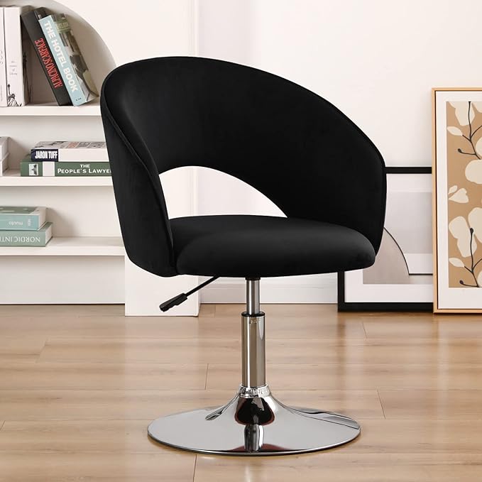 Furnimart Adjustable Black Vanity Chair with Back Velvet Makeup Chair Swivel Accent Chair with Chrome Frame Hollow Backrest Side Chair for Living Room Makeup Room Bedroom (Black)