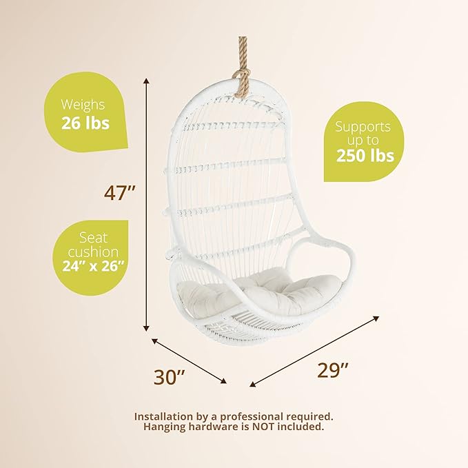 KOUBOO Hanging Rattan Swing Chair with Seat Cushion Handwoven Natural Rattan Chair Coastal Home Decor Furniture for Bedroom Living Room &amp Sun Room White