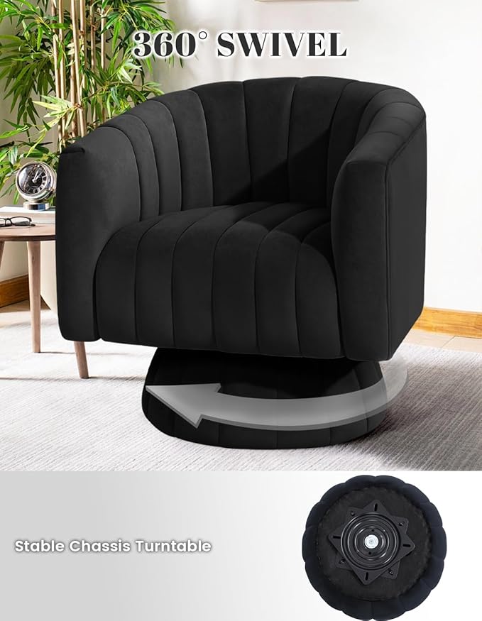 Kromax Swivel Accent Chair with Armrest Set of 2 Mid Century 360 Degree Swivel Barrel Chair Overstuffed Tufted Velvet Ideal for Living Room Bedroom Reading Room Black