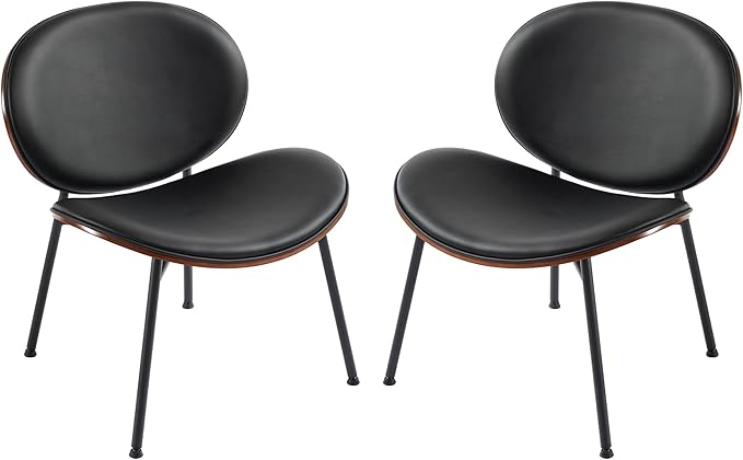 Mid-Century Modern Accent Chair Black PU Leather Lounge Chair with Walnut Wood Finish Curved Back Side Chair for Living Room Bedroom Reading Nook Office (Black + PU Set of 2)