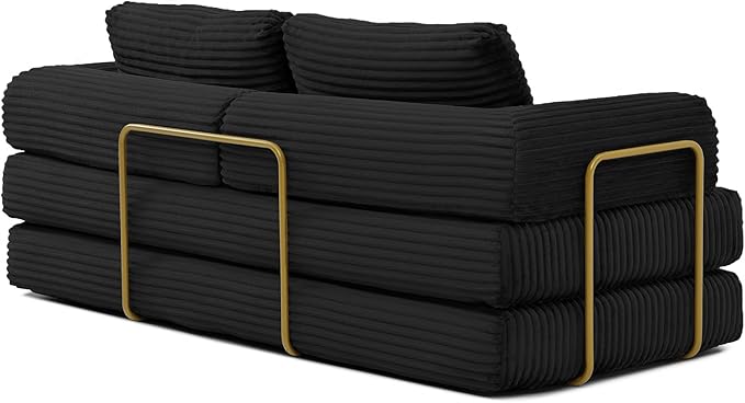 80 Convertible Sofa Bed Modern Corduroy Sleeper Sofa Folding Floor Couch with Golden Fixed-Shape Frame Black Boneless Loveseat Sofas Bed for Living Room Bedroom No Assembly Needed