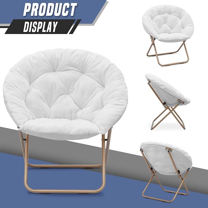Round Comfy Saucer Chair Metal Frame Cozy Lounge Lazy Chair Folding Faux Fur Saucer Chair for Adults Foldable Papasan Moon Chair for Bedroom Living Room Dorm (White Seat/Gold Stand)